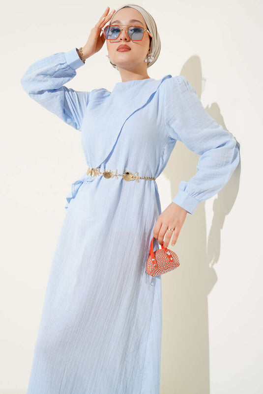 فستان أزرق بحزام من العباءة والحبل