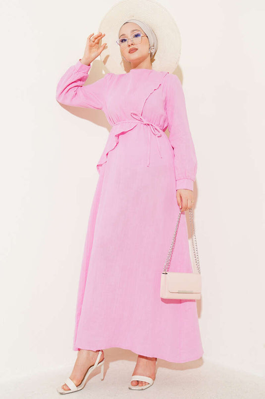 Robe ceinturée cape et corde rose