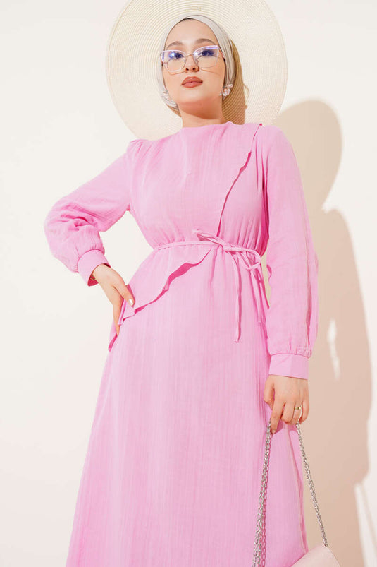 Robe ceinturée cape et corde rose