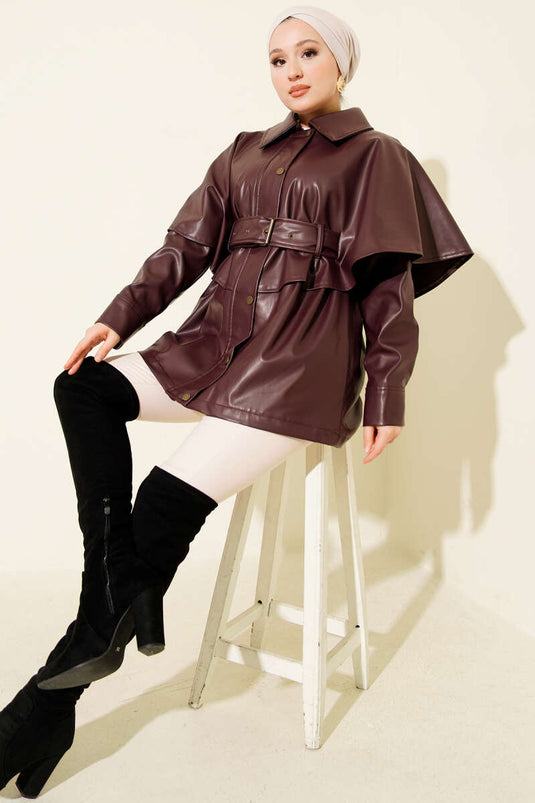 Cape Belted Leather Jacket Burgundy