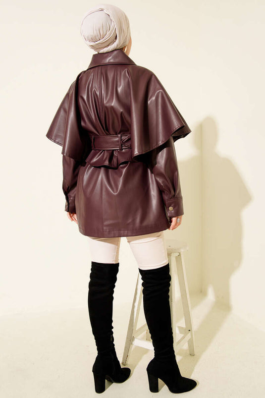 Cape Belted Leather Jacket Burgundy