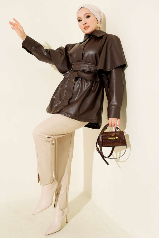 Braune Lederjacke mit Cape und Gürtel