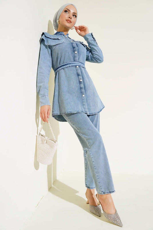 Hooded Denim Two-Piece Set Denim Blue