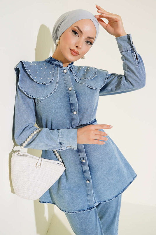 Hooded Denim Two-Piece Set Denim Blue