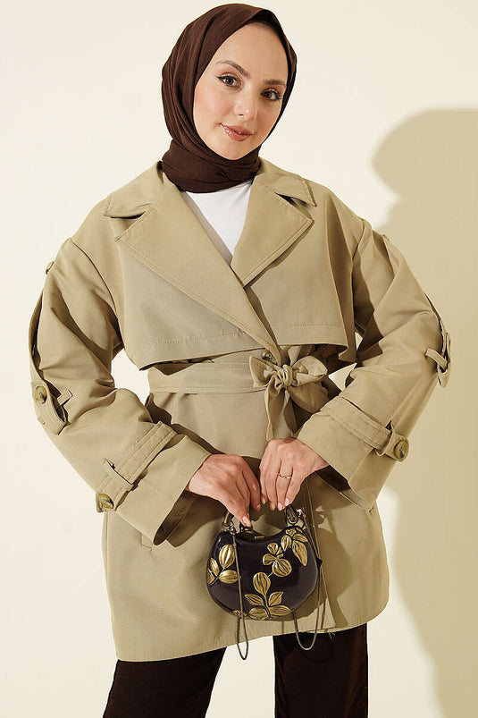 Trench-Coat Court À Ceinture Et Capuche En Kaki
