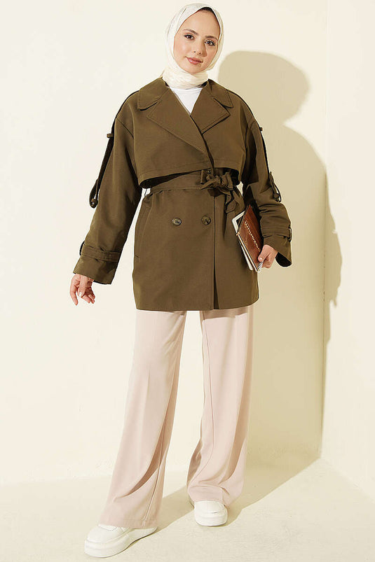 Cappotto Corto Con Cintura E Cappuccio In Kaki