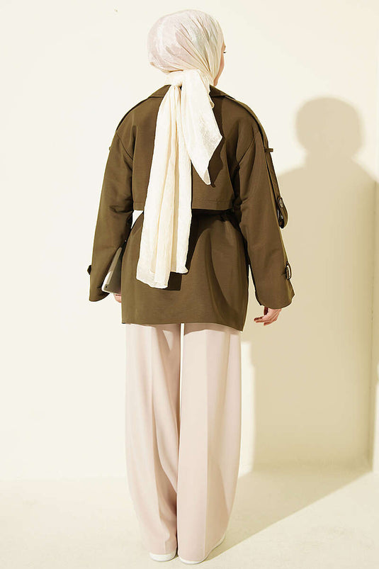 Cappotto Corto Con Cintura E Cappuccio In Kaki