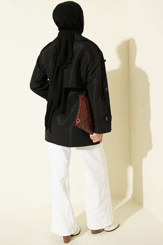 Trench-Coat Court Noir Avec Ceinture Et Cape Boutonnée