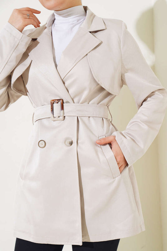 معطف خندق قصير بحزام مع كيب بيج