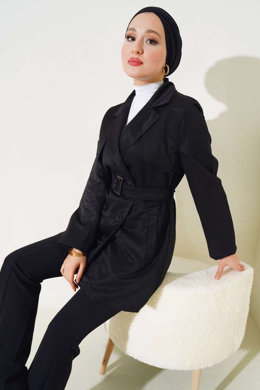 Hooded Belted Short Trench Coat Black