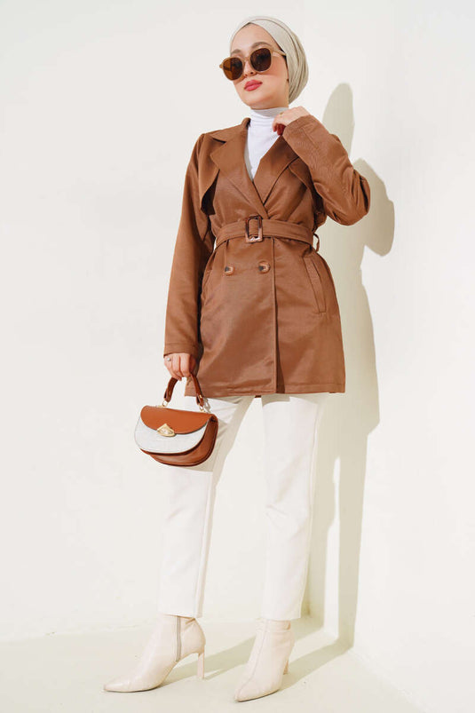 Trench court ceinturé avec cape - Tan