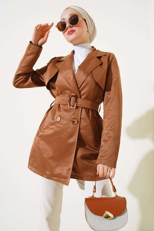 Trench court ceinturé avec cape - Tan