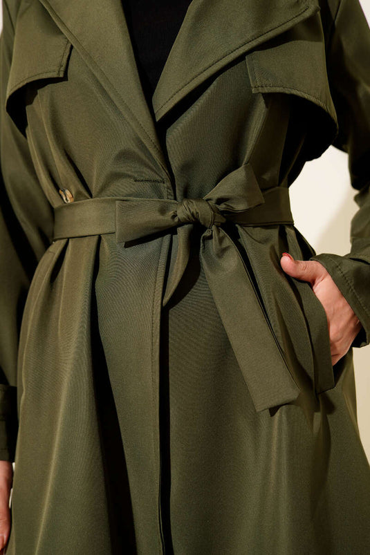 Cape-Style Single-Button Belted Trench Coat Khaki