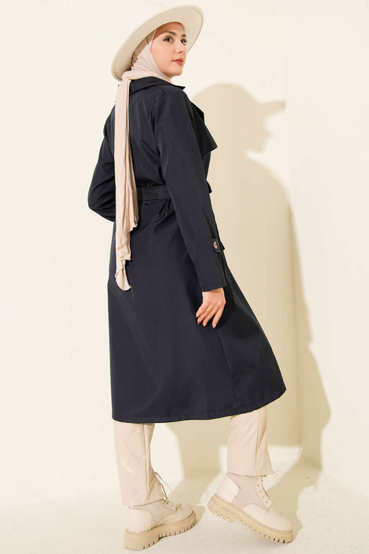 Single-Button Belted Trench Coat with Cape, Navy Blue