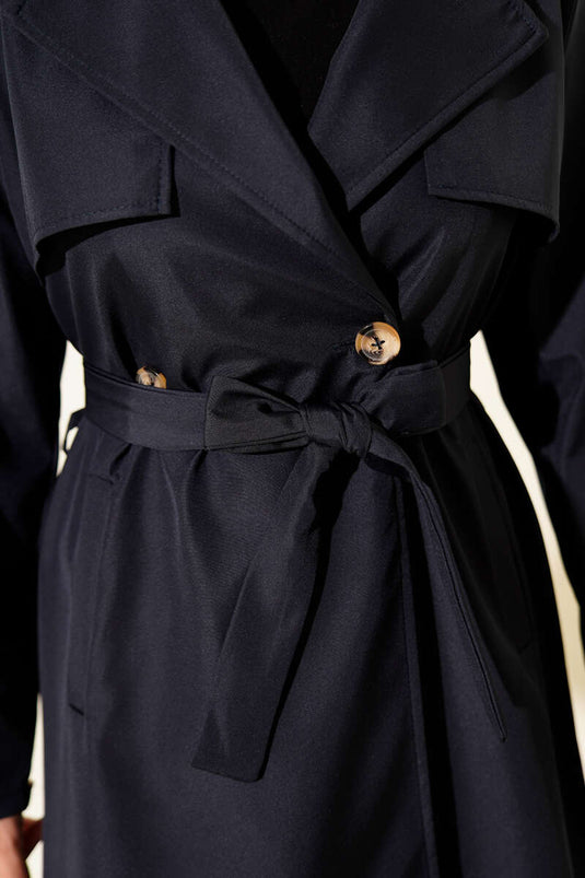 Single-Button Belted Trench Coat with Cape, Navy Blue