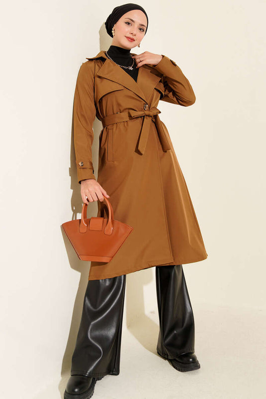 Single-Button Belted Trench Coat with Cape, Tan