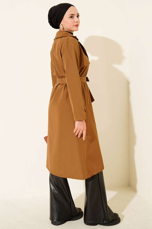 Single-Button Belted Trench Coat with Cape, Tan