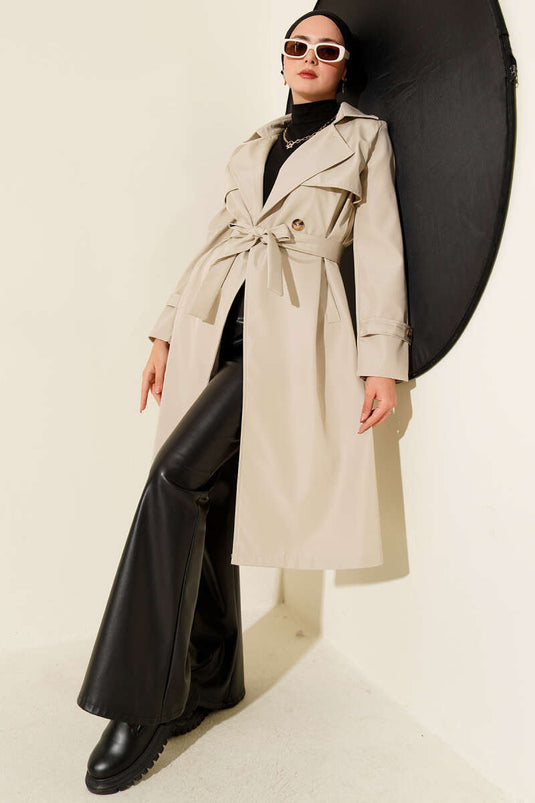 Langer Trenchcoat Mit Gürtel Und Knopf-Umhang