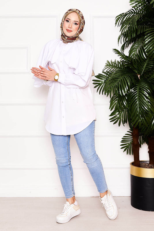 Tunique chemise col juge cape et dentelle Terikoton écru