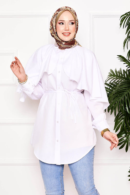 Tunique chemise col juge cape et dentelle Terikoton écru