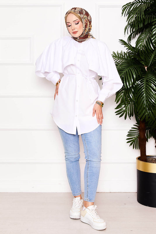 Pelerinli ve Bağcıklı Terikoton Hakim Yaka Gömlek Tunik Ekru