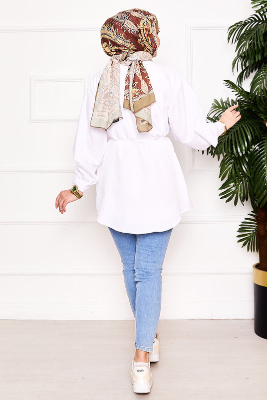 Pelerinli ve Bağcıklı Terikoton Hakim Yaka Gömlek Tunik Ekru