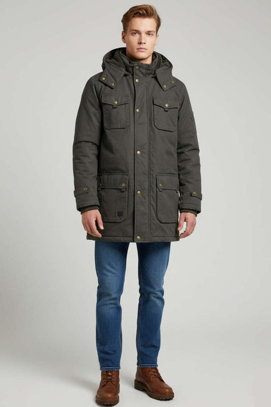 Plüschgefütterte Kapuzenjacke für Herren in Olivgrün