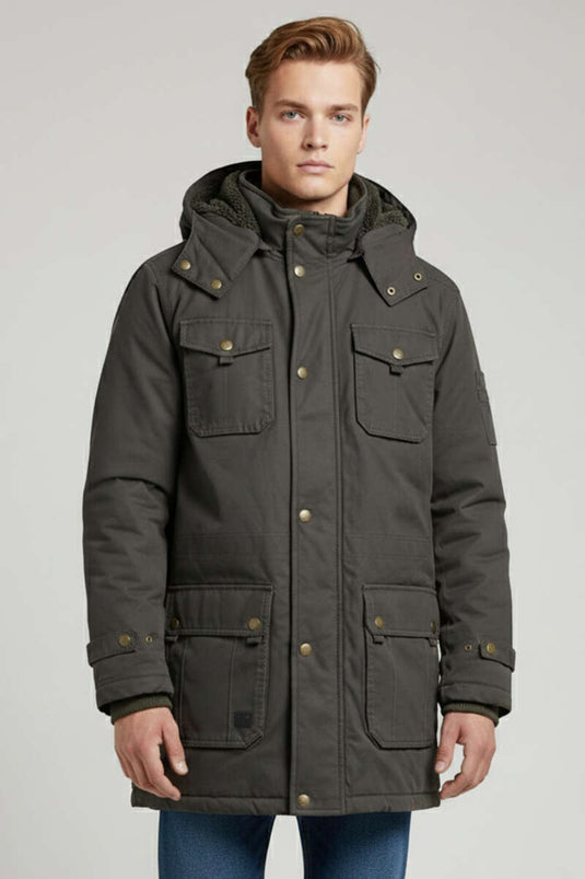 Plüschgefütterte Kapuzenjacke für Herren in Olivgrün