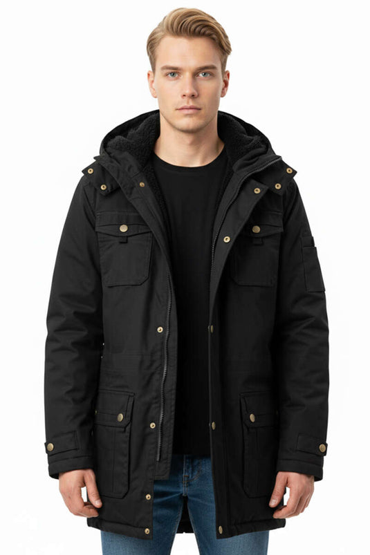 Plush Lined Hooded Men's Overcoat Black