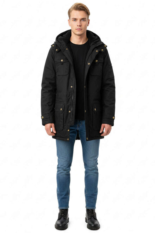 Plush Lined Hooded Men's Overcoat Black