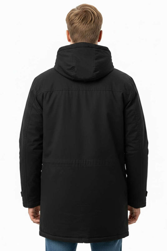 Plush Lined Hooded Men's Overcoat Black