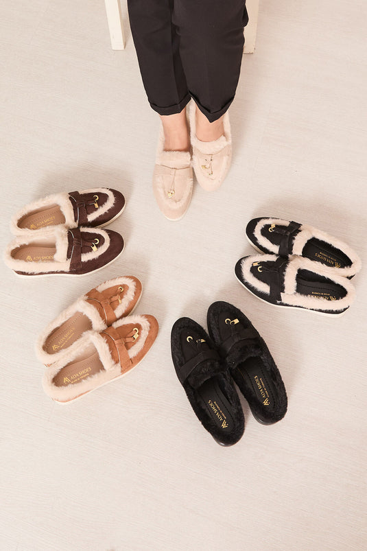 Plush Detailed Suede Shoes Beige