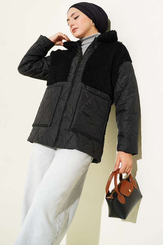 Cappotto oversize con finiture in peluche, nero