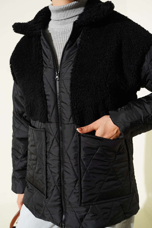 Cappotto oversize con finiture in peluche, nero