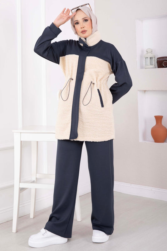 Ensemble Deux Pièces En Tricot Peluche En Gris Fumé