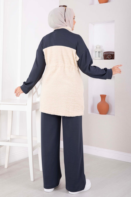 Ensemble Deux Pièces En Tricot Peluche En Gris Fumé