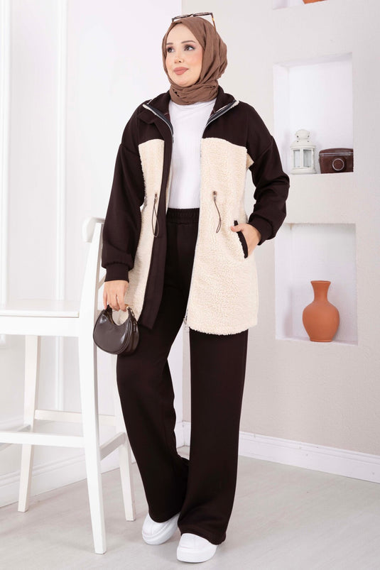 Completo In Due Pezzi In Maglia E Pelliccia Sintetica Marrone