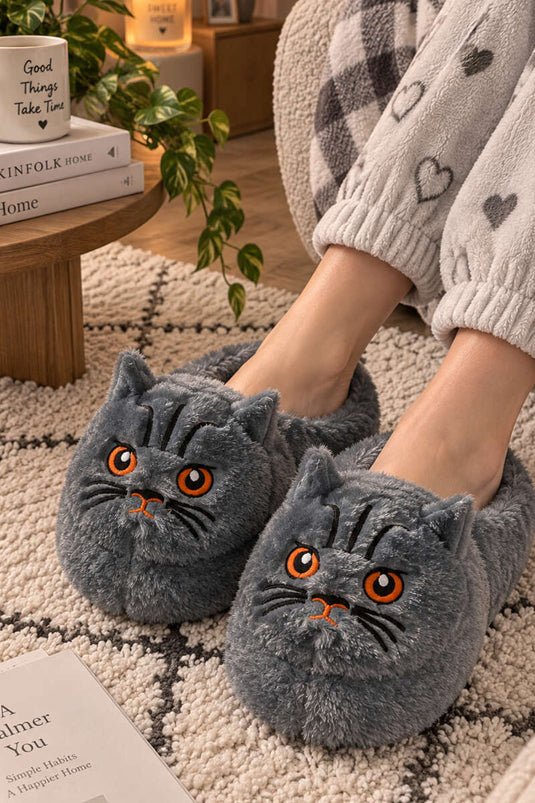 Peluş Kedi Figürlü Panduf Gri