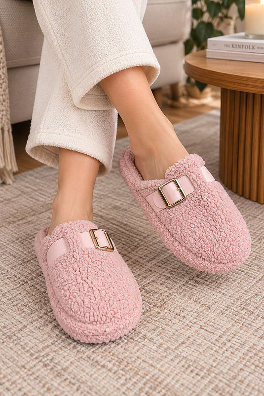 Chaussons D'intérieur Avec Ceinture En Fausse Fourrure Rose Poudré