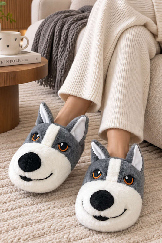 Peluş Köpek Figürlü Panduf Gri