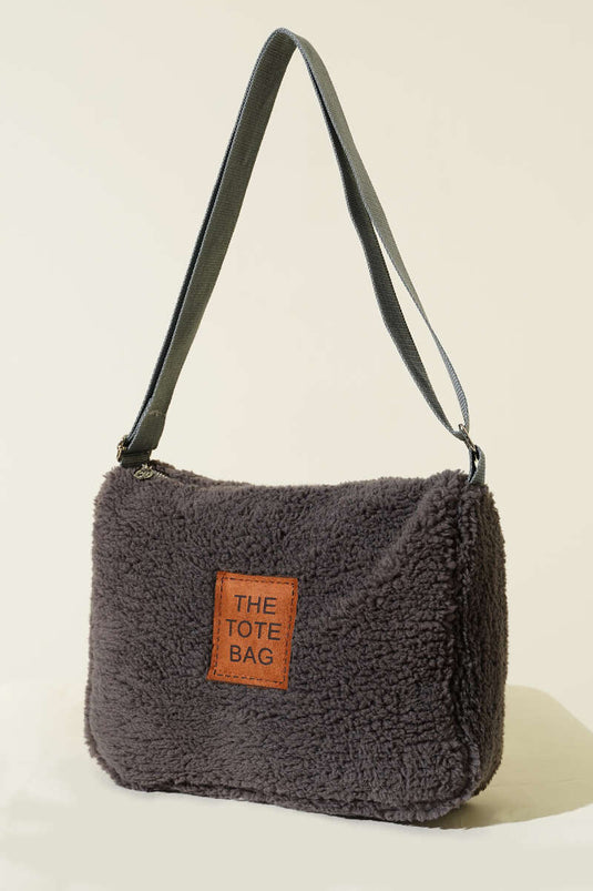 حقيبة توت بكتف من الفرو الصناعي رمادي داكن