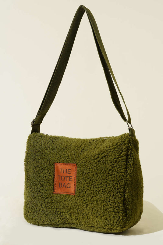 Plush Shoulder Strap Tote Bag Khaki