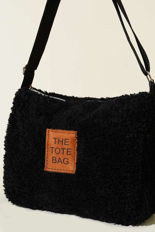 Plush Shoulder Strap Tote Bag Black Tan