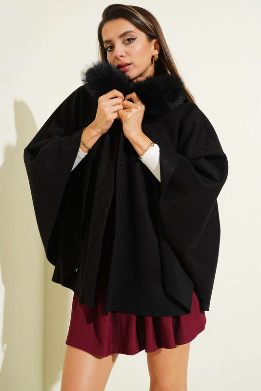 Poncho en cachemire noir à col peluche et ceinture