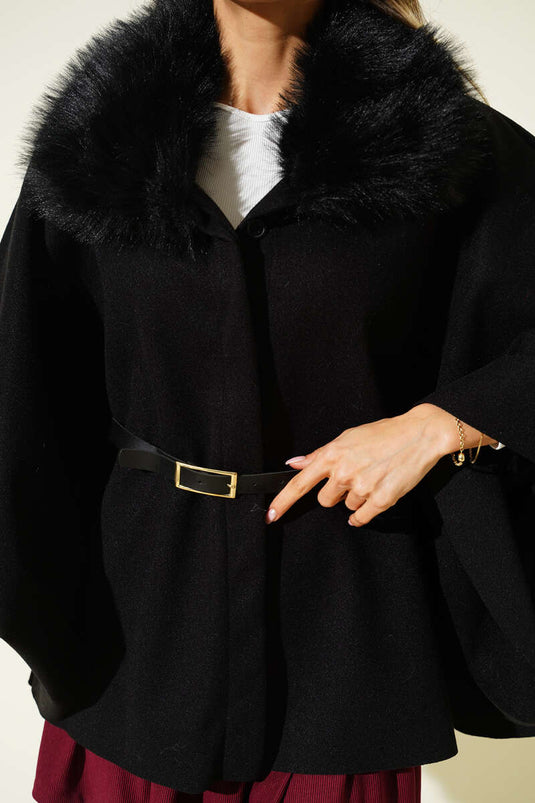 Poncho en cachemire noir à col peluche et ceinture