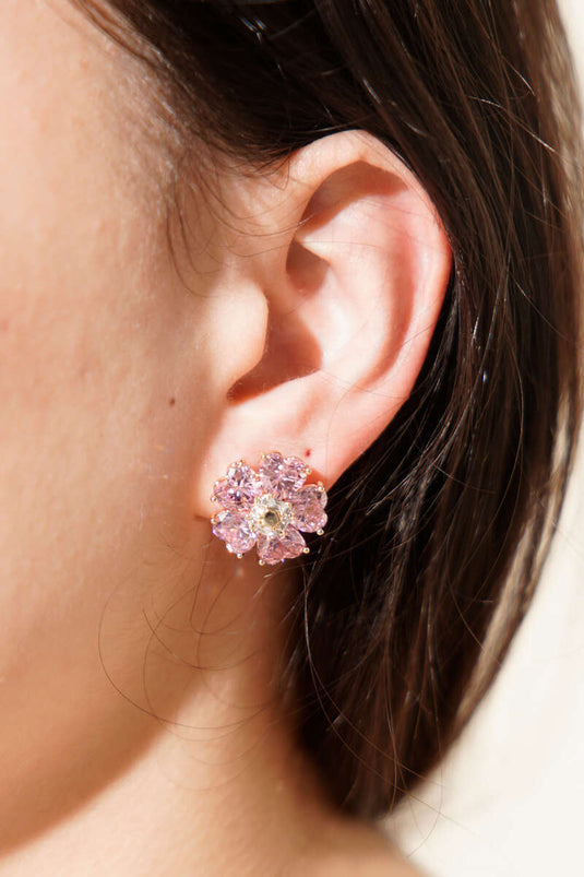 Pembe Safir Görünümlü Kalp Kesim Çiçek Küpe Pembe