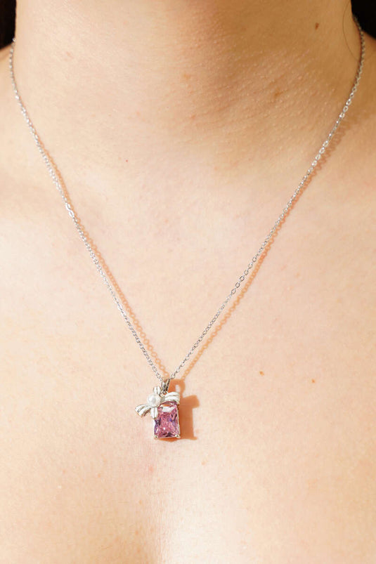 Pink Stone Pearl Bow Necklace Silver