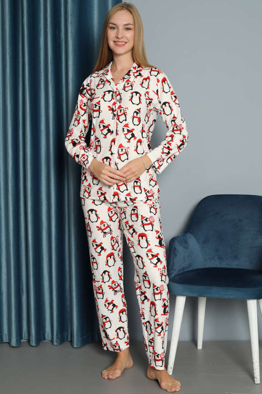 Pigiama in pelle scamosciata con motivo pinguino bianco