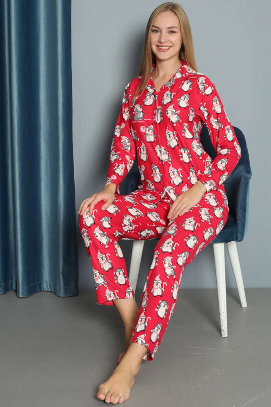 Pigiama in pelle scamosciata con motivo pinguino fucsia