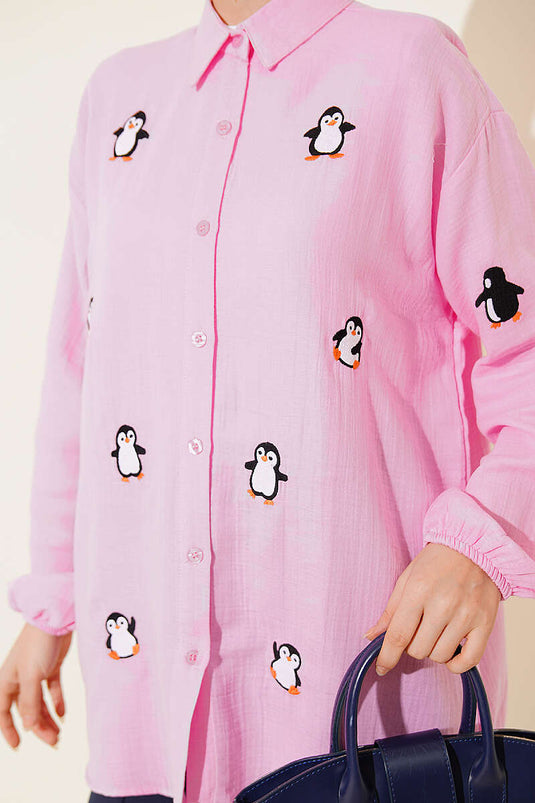 Penguen Nakışlı Müslin Gömlek Pembe
